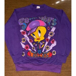 Vintage 1995 Tweety Flower Hippy Sweatshirt‎ Looney Tunes Glitter Girly Sz M USA